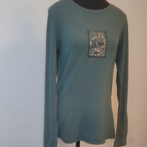 KBD Handmade In USA Teal Long Sleeve Shirt with Hummingbird Patch
